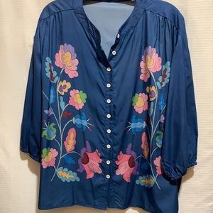 MISSLOOK BLOUSE ROYAL BLUE/FLORAL MANDARIN COLLAR/3/4 SLEEVES ELASTIC SZ L
